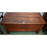 An 18th century mahogany blanket chest, hinged top, stile feet, large brass escutcheon, 56cm high,