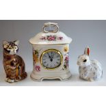A Royal Crown Derby paperweight, Snowy Rabbit, gold stopper; another, Cat,