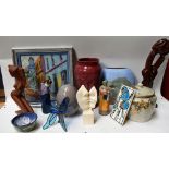 Studio pottery including a Poole pottery dish, etc; carved wooden figures, glassware,