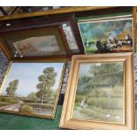 A mid-20th century rectangular mirror; various pictures and prints including oils, map,