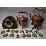 An oak cased mantel clock; a copper kettle, oval; another,