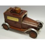 An unusual 20th century walnut scratch built musical model of a motor vehicle with silver mounts