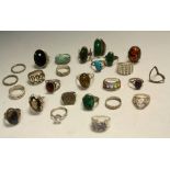 Rings - a Baltic copal amber silver dress ring; others, turquoise, malachite, smoky quartz,