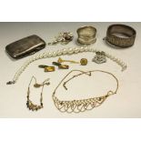 Silver and Costume Jewellery - a silver cigarette case; a silver bangle; brooch; necklace;