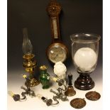 An oak banjo wall barometer; a brass oil lamp; a pair of pewter wall lights; a cloisonne vase;