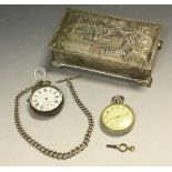 A silver open face pocket watch, white enamel dial, subsidiary seconds dial, Roman numerals,