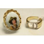 A 9ct gold initial ring, CD; a 19th century style 9ct gold painted porcelain panel ring,