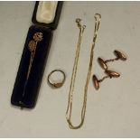 Jewellery - a gold chain; gold cufflink's; tie pins, etc,