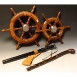 A Vetus ships wheel, 50cm across handles; another, smaller,