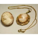 A 9ct gold mounted shell cameo brooch; another cameo pendant on chain,