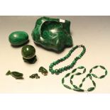 Geology - a malachite specimen rock bowl; beads; green vedette ball and stand;