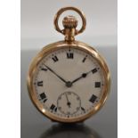 A 9ct gold Record open face pocket watch, white enamel dial, bold Roman numerals, minute track,