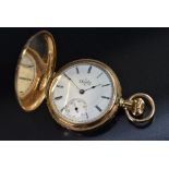 Elgin - a 14ct gold diamond inset hunter cased pocket watch, embossed floral and banded covers,