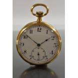 An 18ct gold open face pocket watch, white enamel dial,bold Arabic numerals, minute track,