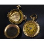 A Ladies 14ct gold cased fob watch, floral gilt dial, raised Roman numerals, blued hands,