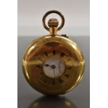 An 18ct gold half hunter cased pocket watch, white enamel dial,bold Roman numerals, minute track,