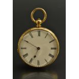 A late 19th century French 18ct gold cased fob watch, white enamel dial, bold Roman numerals,