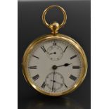 A late Victorian 18ct gold open face pocket watch, Charles Higgins, Canterbury, white enamel dial,