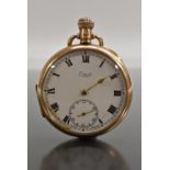 A 9ct gold open face Limit pocket watch, white enamel dial,bold Roman numerals, minute track,