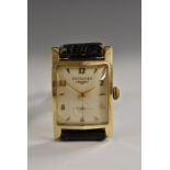 Longines - a vintage 14k gold rectangular tank wristwatch, cream dial,