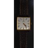 Buren - a vintage 1960s 18ct gold cased wristwatch, square silvered dial, block baton markers,