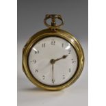 A late 18th century gilt metal pair cased pocket watch, M Normand, London, white enamel dial,