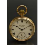Longines - A George V 9ct gold open face pocket watch, white enamel dial, bold Roman numerals,
