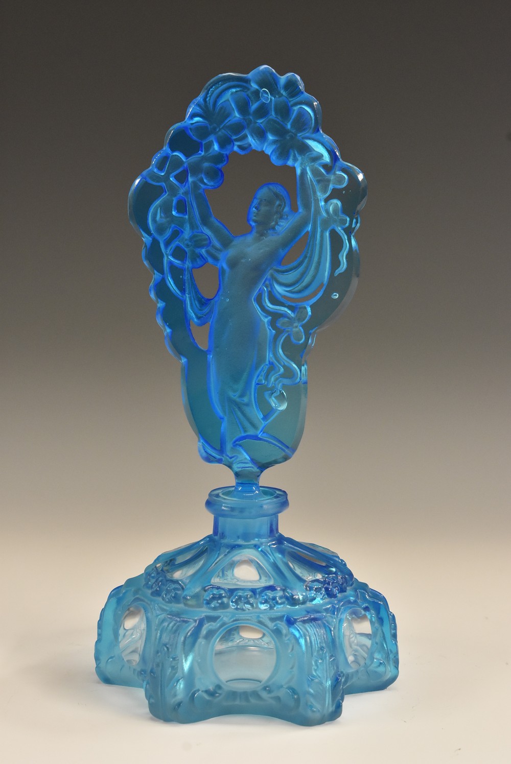 An Art Deco scent bottle, flash cut cornflower blue glass,