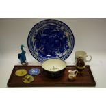 A Chinese polychrome duck; a Wedgwood cream ware basket, French faience dish,