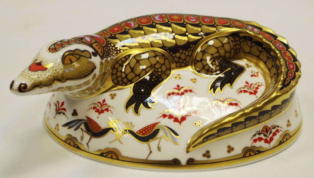 A Royal Crown Derby paperweight, Crocodile, gold signature edition, gold stopper, printed mark,