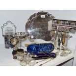 Silver & Silverplate - a miniature silver trophy; silver sugar tongs; napkin rings;