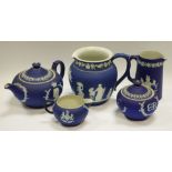 A Wedgwood blue Jasper 4 piece tea service and an ovoid jug to commemorate the Coronation of Edward