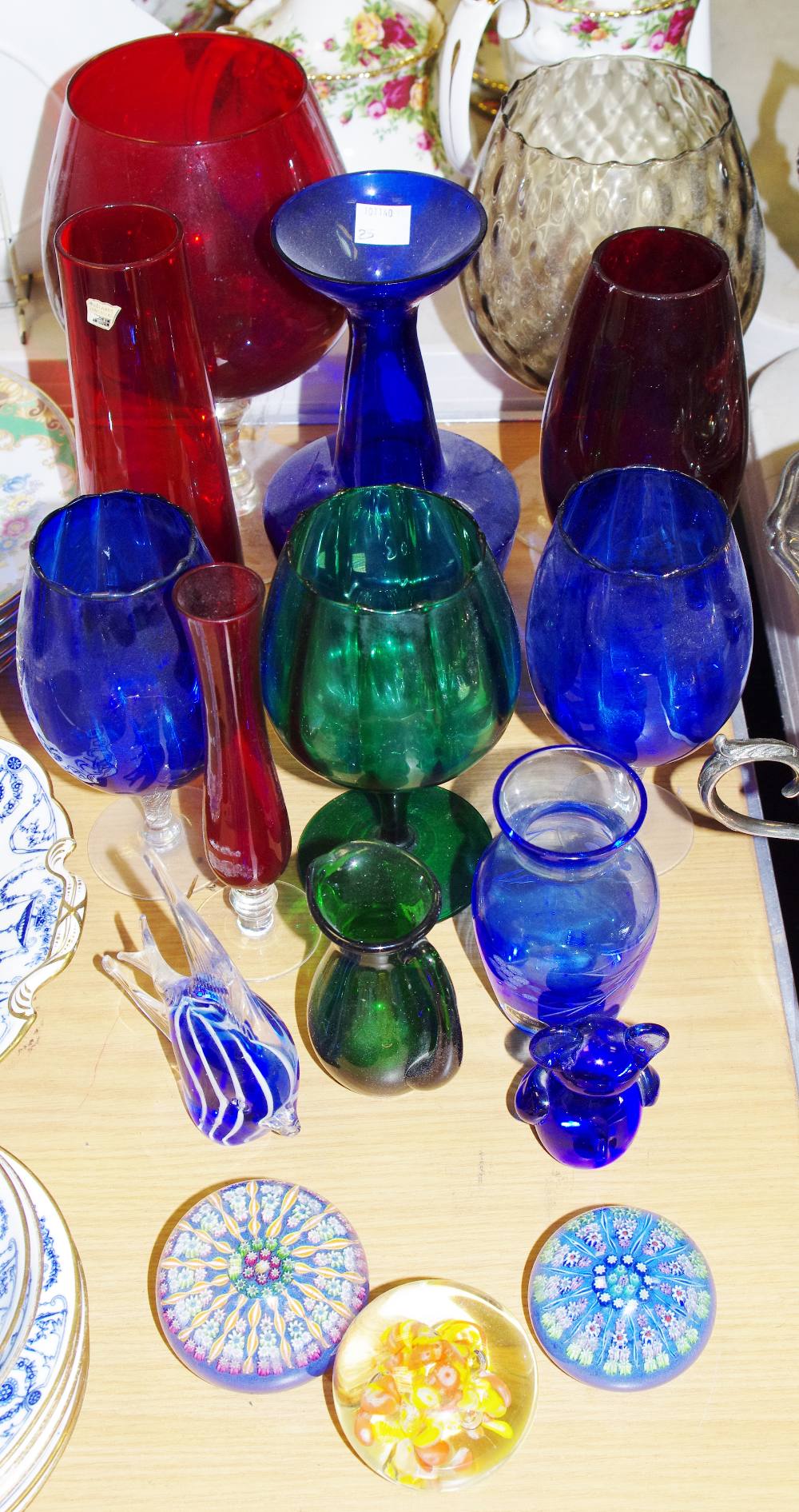 Coloured Glass - Perthshire milifiore paperweight, another; cranberry glass goblets, bud vases,