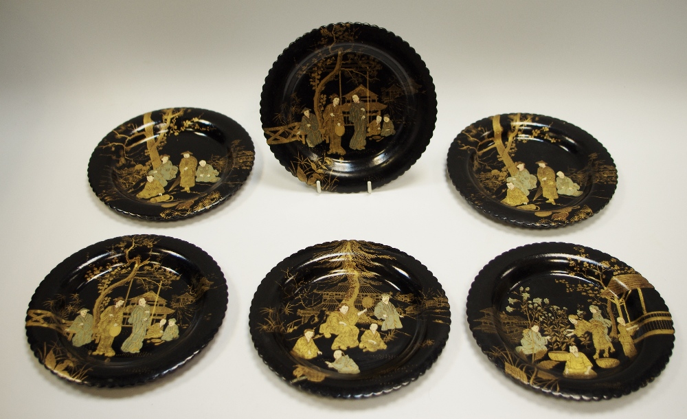 A set of 6 Chinese lacquer shaped-circular counter dishes,