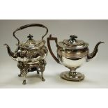 A George III Sheffield silver plate coffee pot, tactile treen handle, ribbed body, bun feet c.
