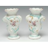 An early pair of Derby Patch Mark cartouche-shaped vases,