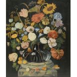 Dutch School Still Life, Flowers in a Vase on a Stone Plinth oil on canvas laid on panel,