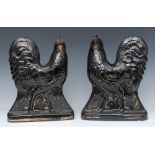A pair of Victorian Staffordshire Jackfield type cockerels, standing to the left and right,