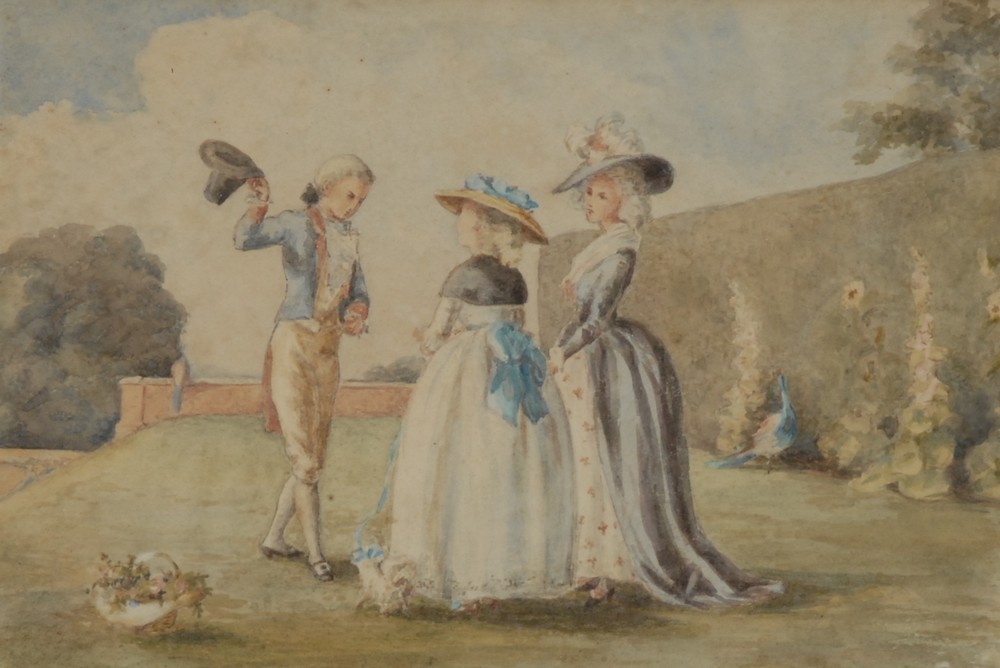 English School (19th century) Taking the Air, Elegant Ladies with a Dog watercolour,