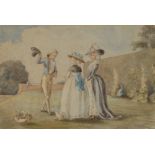 English School (19th century) Taking the Air, Elegant Ladies with a Dog watercolour,