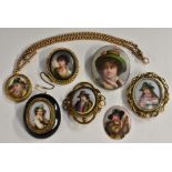 A continental porcelain oval painted panel brooch, Bavarian boy in hat,