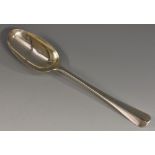 An early George II silver Hanoverian pattern spoon, rat tail bowl, 20cm long,