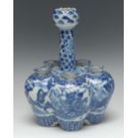 A Chinese crocus or tulip vase, painted in underglaze blue with soldiers in battle,