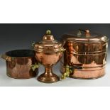 A large 19th century copper water urn and cover, embossed with three faux-coopered bands,