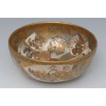 A Japanese Satsuma bowl, decorated with figures and attendants in gilt, black and iron red,