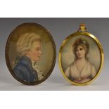 A 19th century style oval portrait miniature, lady in white dress, red ribbon bow belt,