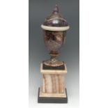 A Neo-Classical design Derbyshire Blue John, alabaster and fluorspar ovoid urn, quartz knop finial,