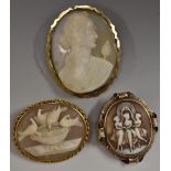 A Victorian oval shell carved cameo brooch, Romanesque Warrior,