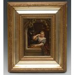 Dutch School (19th century) Young Girl at a Window, after the Golden Age oil on tin, 18.5cm x 12.