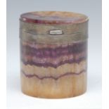 A Victorian Blue John silver mounted Blue John cylindrical box and cover, New Cavern vein,